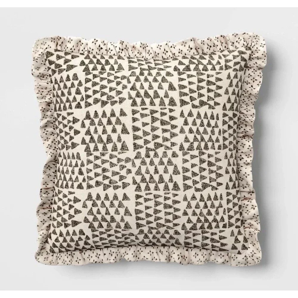 Square Block Print Reversible Pillow with Ruffle Trim Green - Threshold NEW